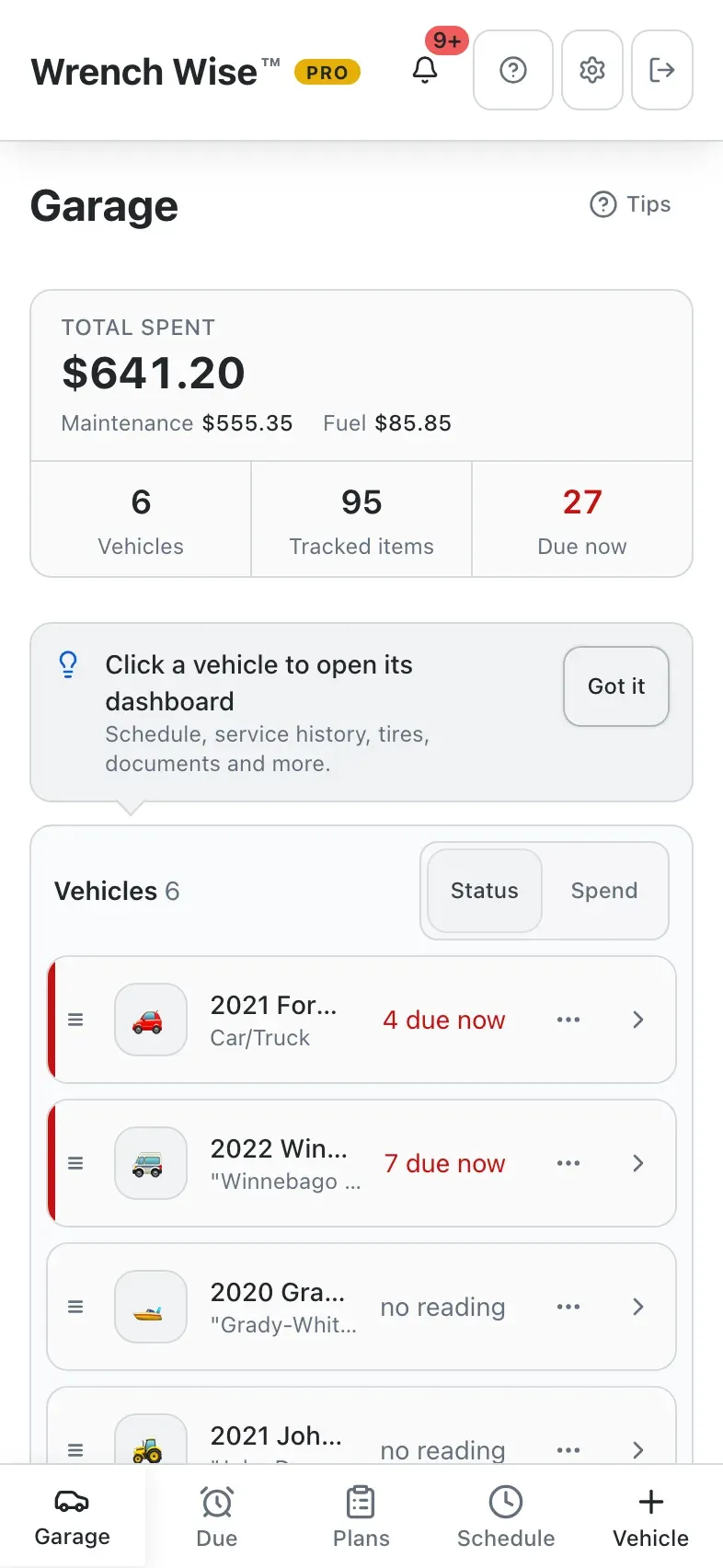 Wrench Wise™ app: Tap + Vehicle to add one.