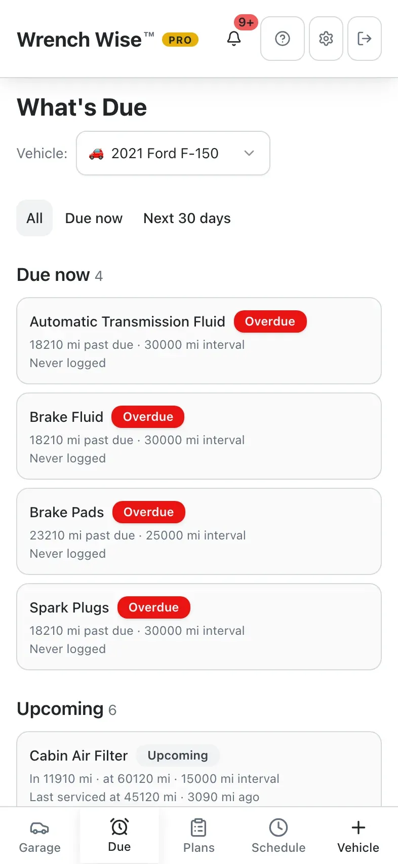 Wrench Wise™ app: What’s Due lists every item by how soon it comes due.