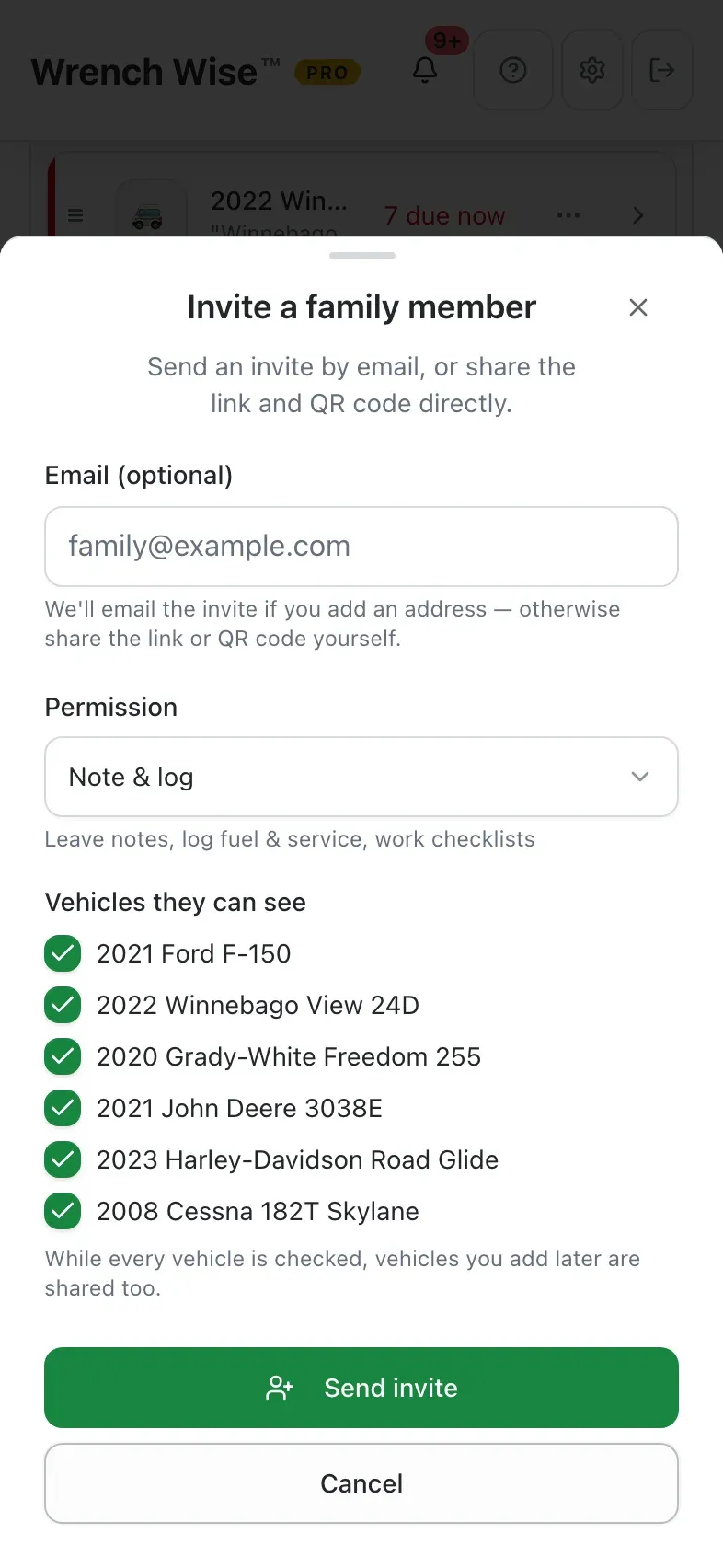 Wrench Wise™ app: Invite by email, link or QR code, and choose what they can do.