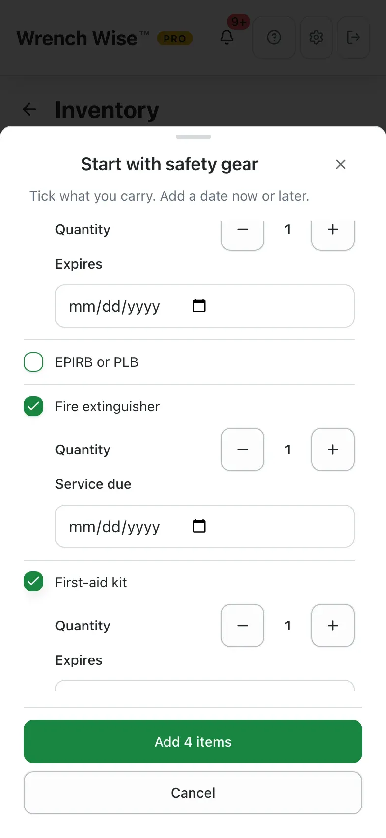 Wrench Wise™ app: …tick what you have, and add dates now or later.