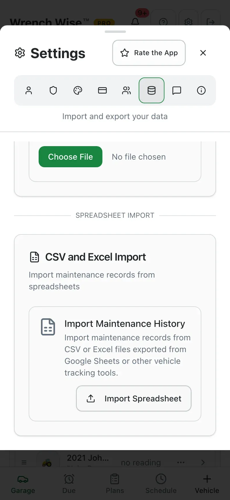 Wrench Wise™ app: …import a CSV or Excel file of past services.