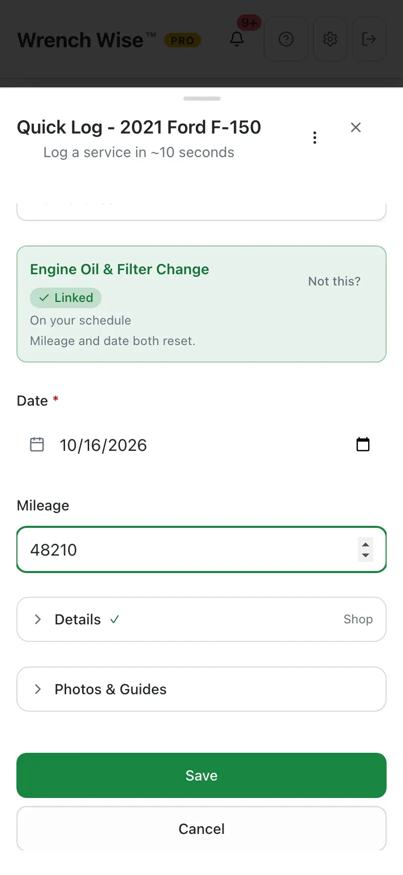Wrench Wise™ app: Add the mileage, then open Details for who did it and the cost.