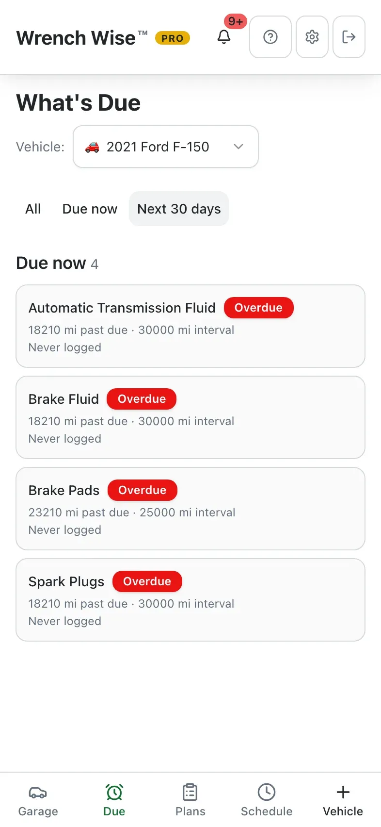 Wrench Wise™ app: Overdue items first, then what comes due in the next 30 days.