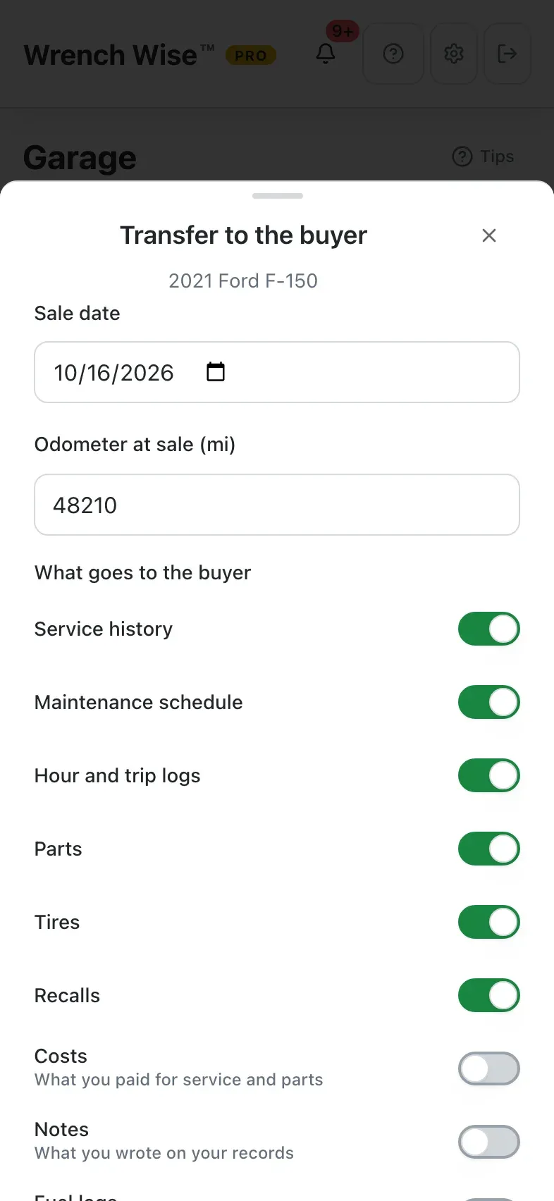 Wrench Wise™ app: Transfer the records: you choose exactly what goes to the buyer.