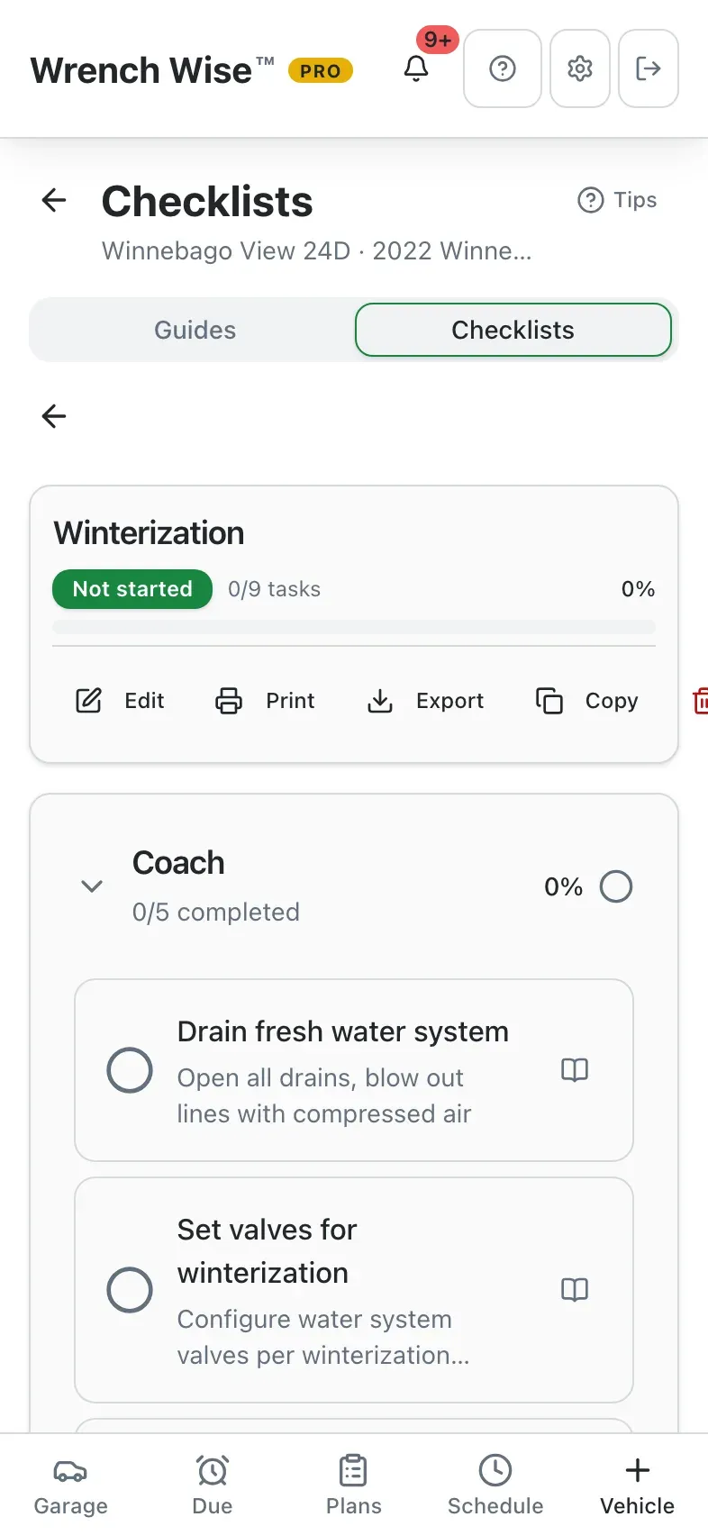 Wrench Wise™ app: Tick items off as you go, grouped by coach, generator and chassis.