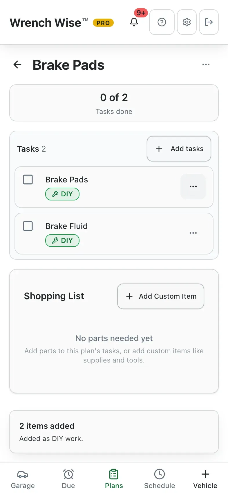 Wrench Wise™ app: The plan: each task marked DIY or shop, plus a shopping list for its parts; mark tasks done as you go.
