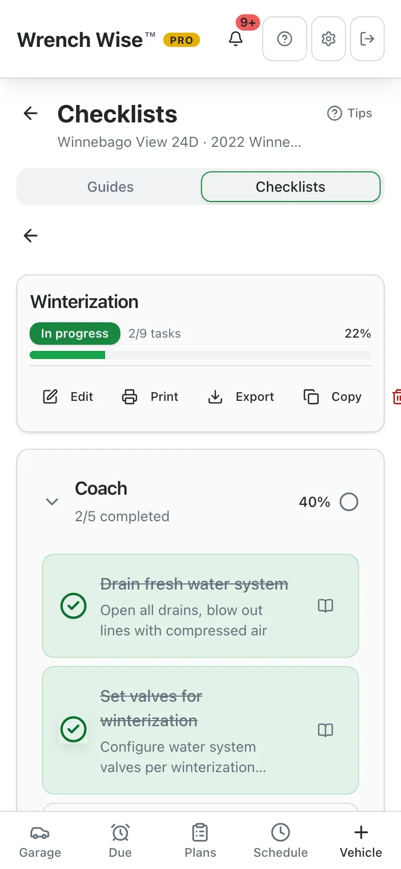 Wrench Wise™ app: Progress is saved; pick it up next weekend or copy it to next year.