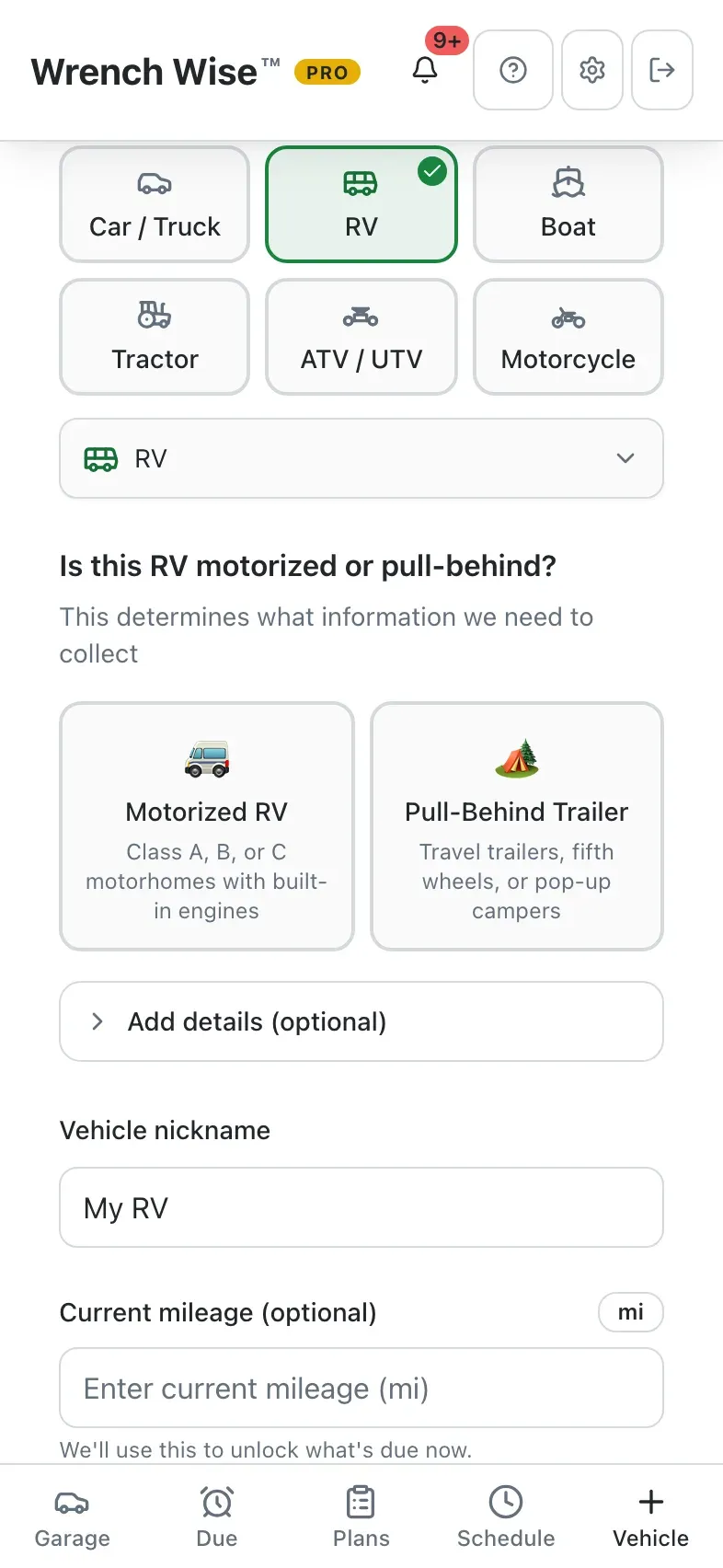 Wrench Wise™ app: Motorized or pull-behind shapes the schedule.