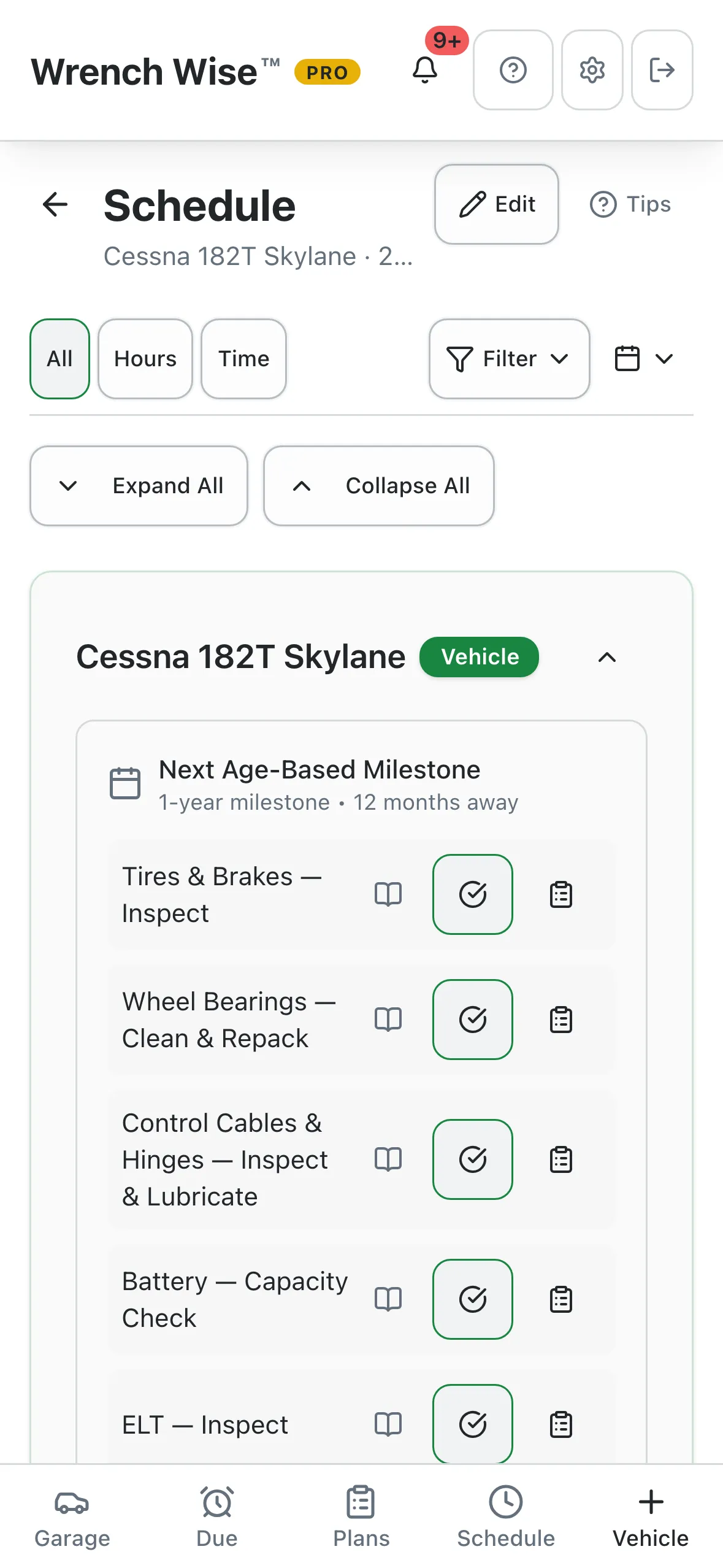 Wrench Wise™ app screenshot: Coming soon: airframe, engine and prop items