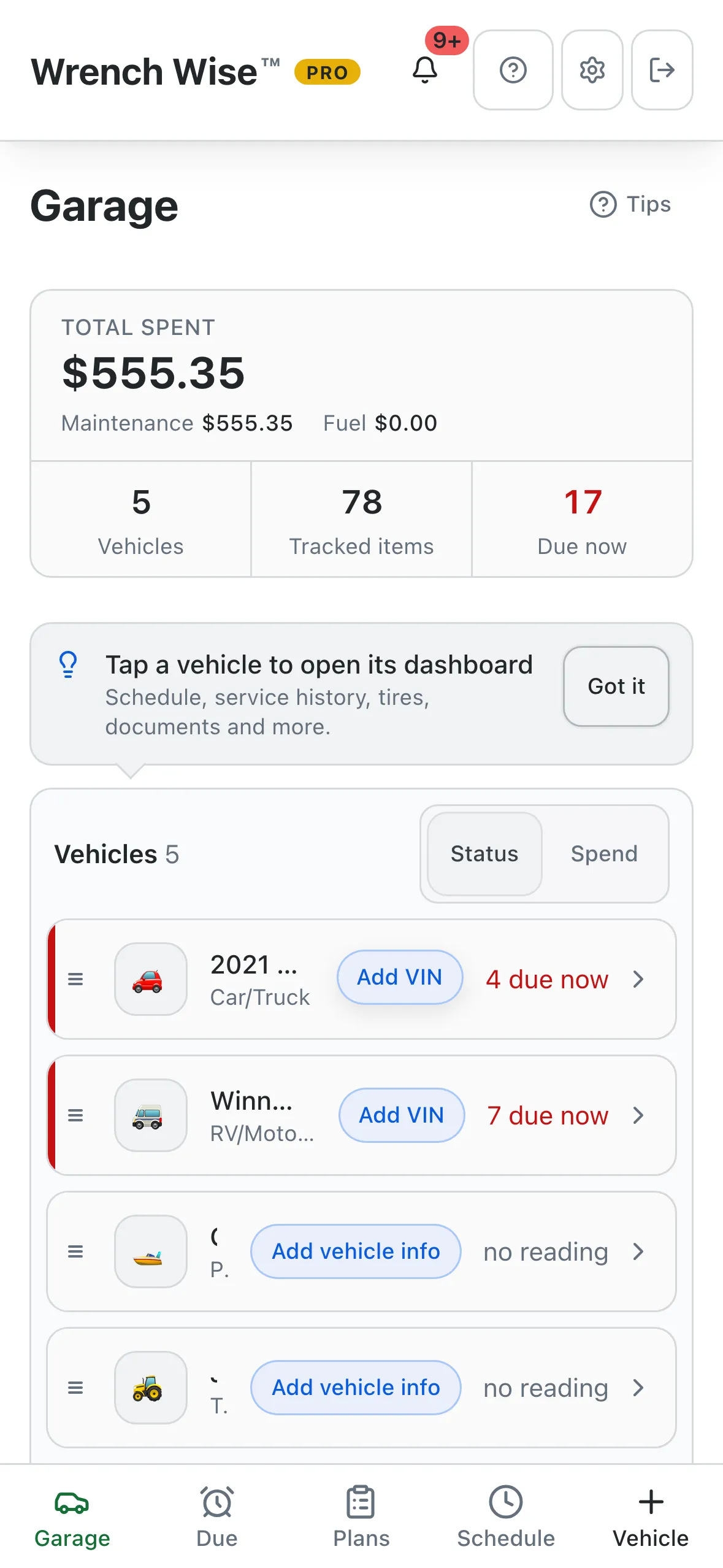 Wrench Wise™ app screenshot: Your garage at a glance