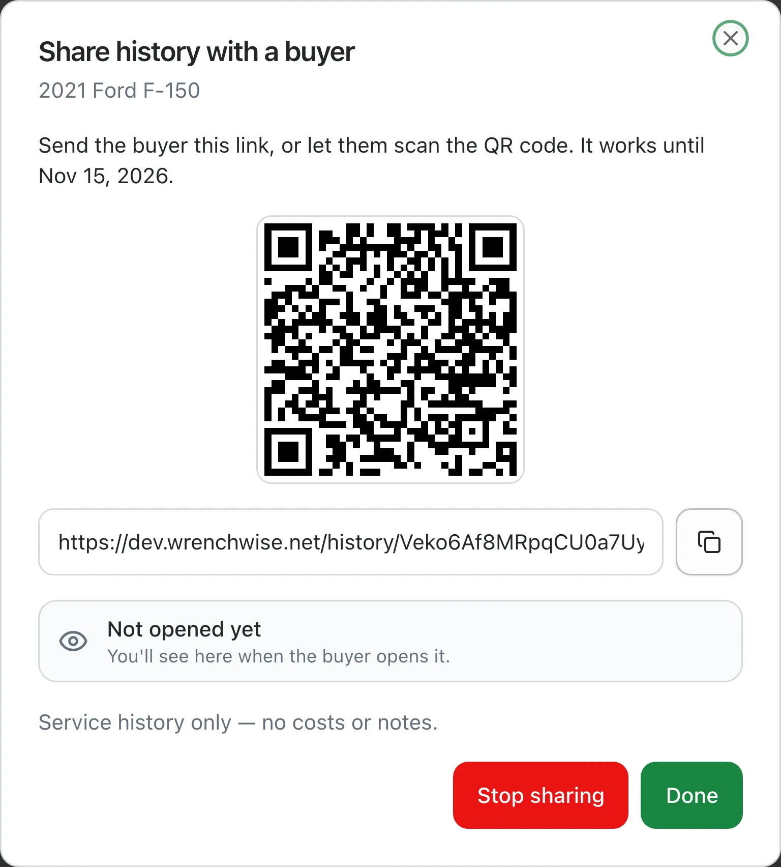 Share history with a buyer: link and QR code, and a tracker that shows when the buyer opens it