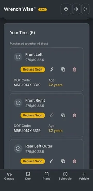 Each tire on our Tiffin listed by position, with DOT code M5EJ 014X 3319, age 7.2 years and a Replace Soon status