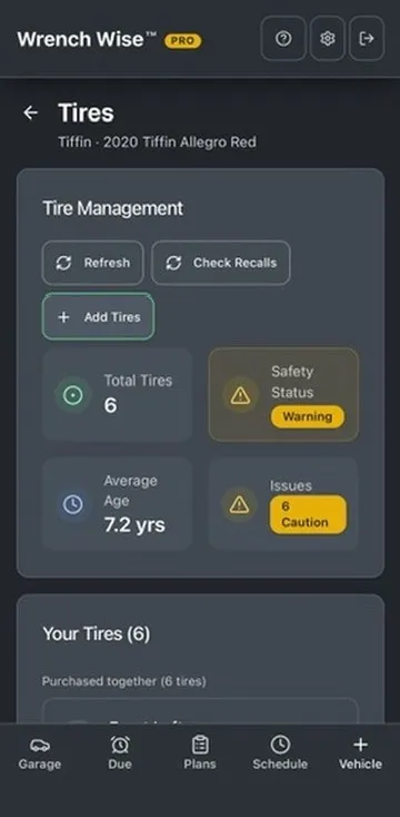 The Tires screen in Wrench Wise™ for our 2020 Tiffin Allegro Red, showing 6 tires with an average age of 7.2 years