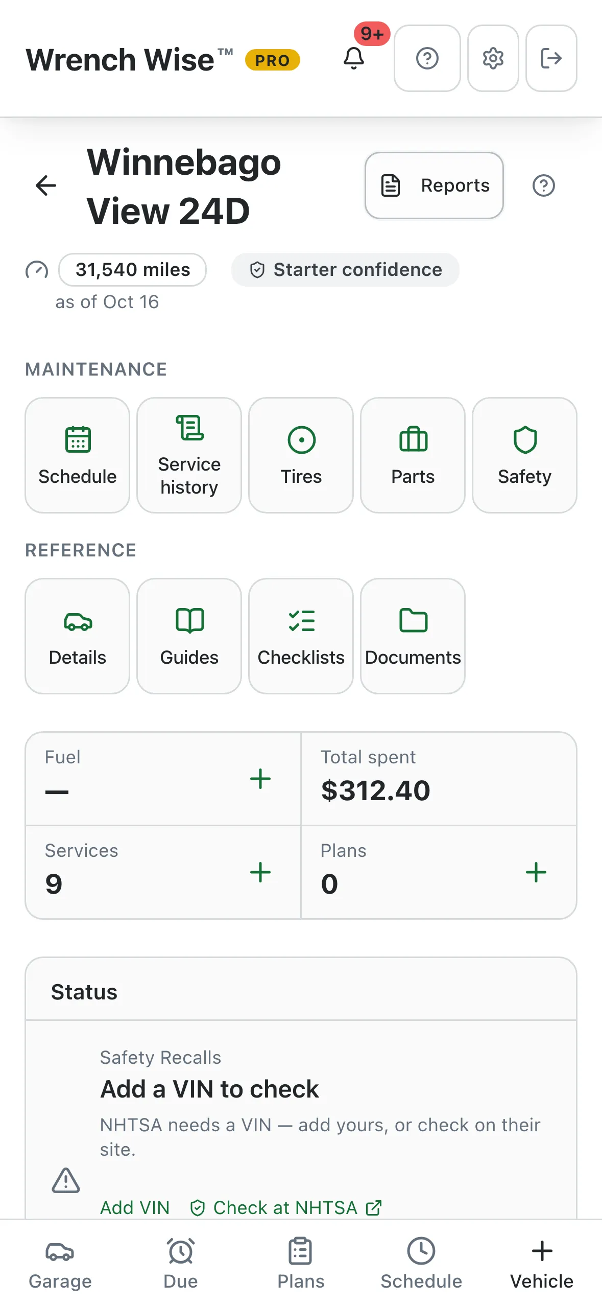 Wrench Wise™ app screenshot: Each vehicle gets its own dashboard